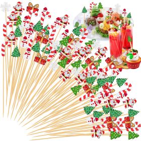100 Pcs Christmas Cocktail Pick Xmas Tree Snowflake Snowman Santa Claus Reindeer Pattern Sticks Cupcake Fruit Food Appetizer Skewers 4.9 in Bambo